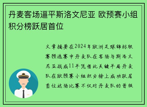 丹麦客场逼平斯洛文尼亚 欧预赛小组积分榜跃居首位